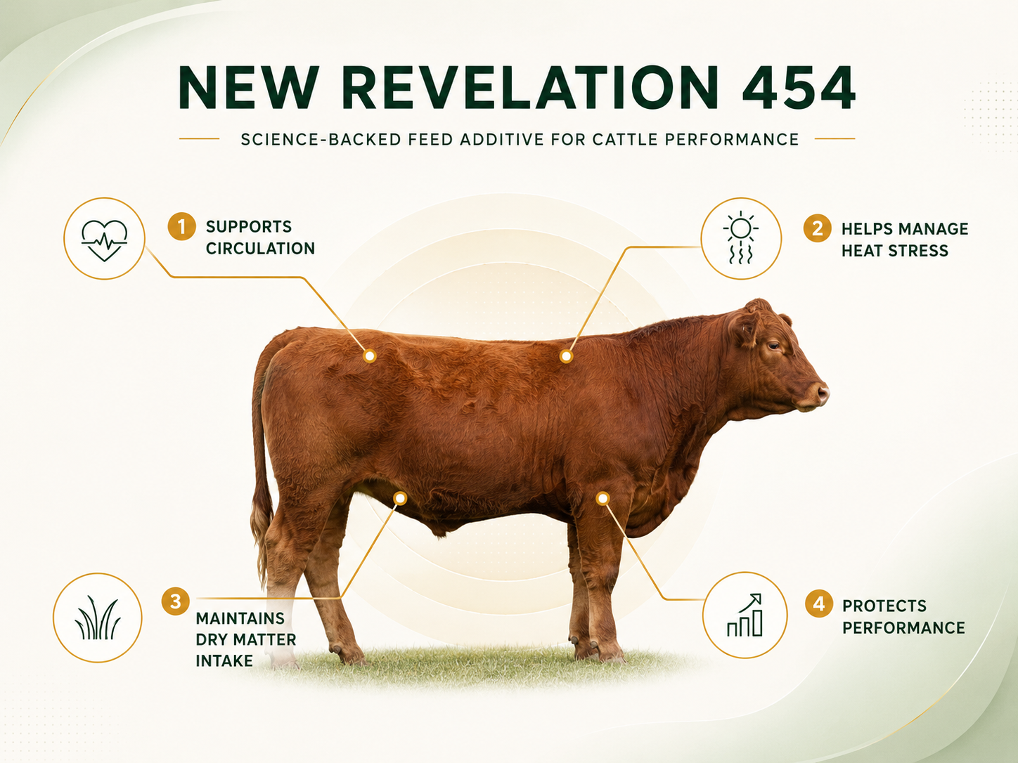 454 cattle solutions infographic showing support for circulation, heat stress management, dry matter intake, and performance