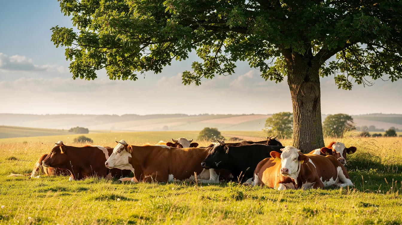 Cattle seeking shade under a tree during summer heat stress