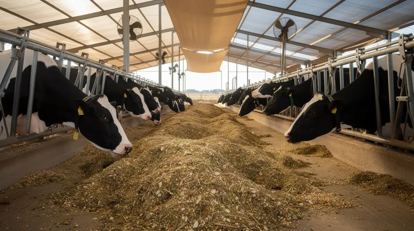 Dairy cows eating feed in a barn during summer heat stress conditions